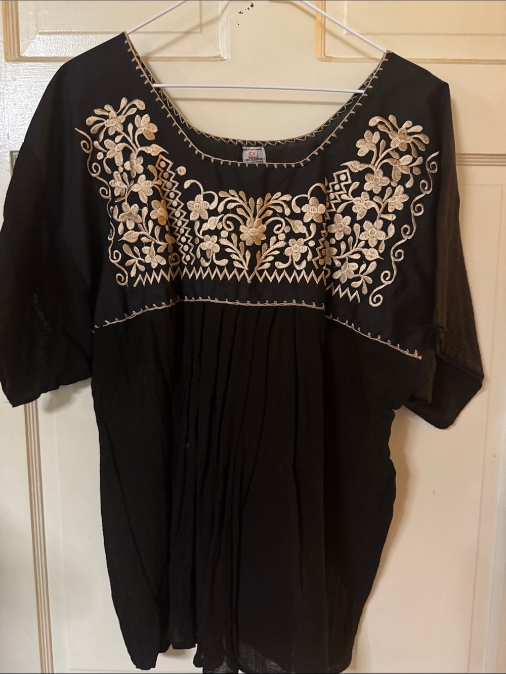 Black Embroidered Women's Peasant Top - Neutral Floral Detail